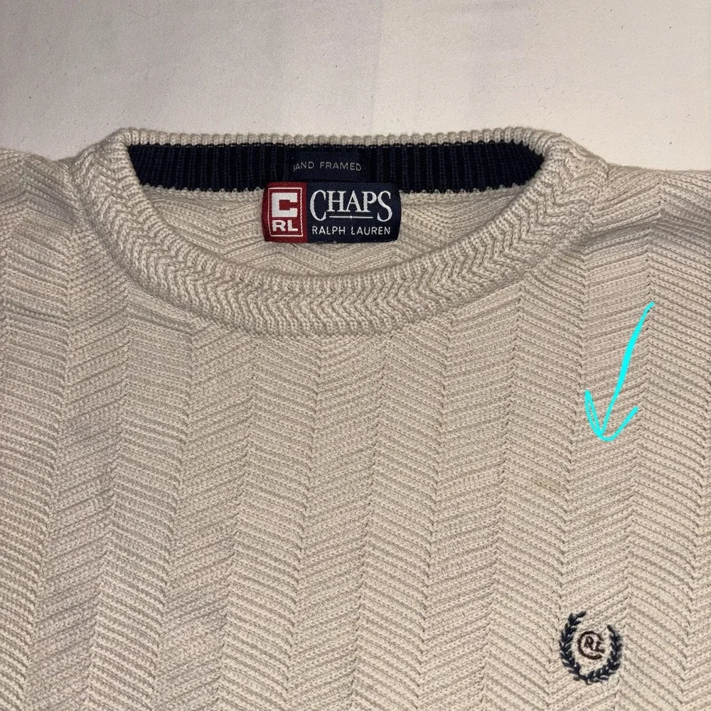 Vintage Chaps Ralph Lauren Sweater Men XL Beige Cream Herringbone Knit Crewneck